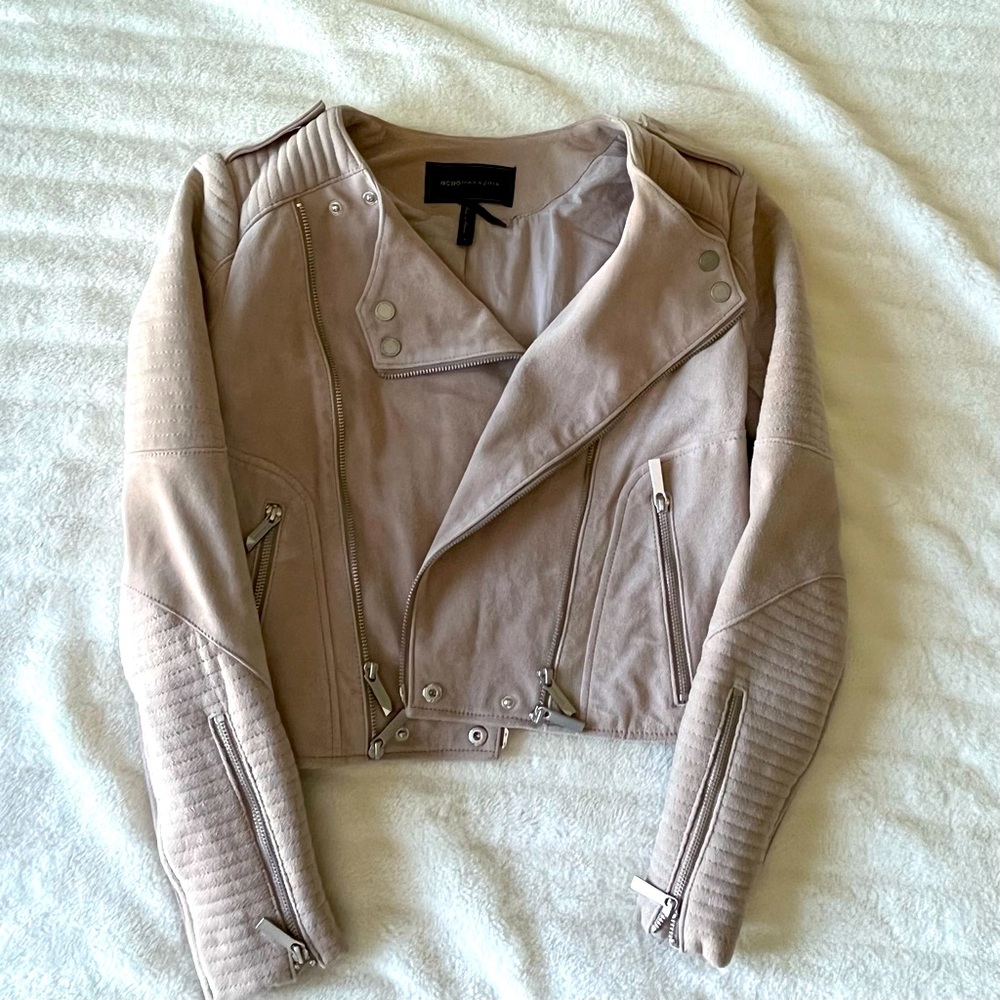 Pink/purple suede BCBG moto jacket.